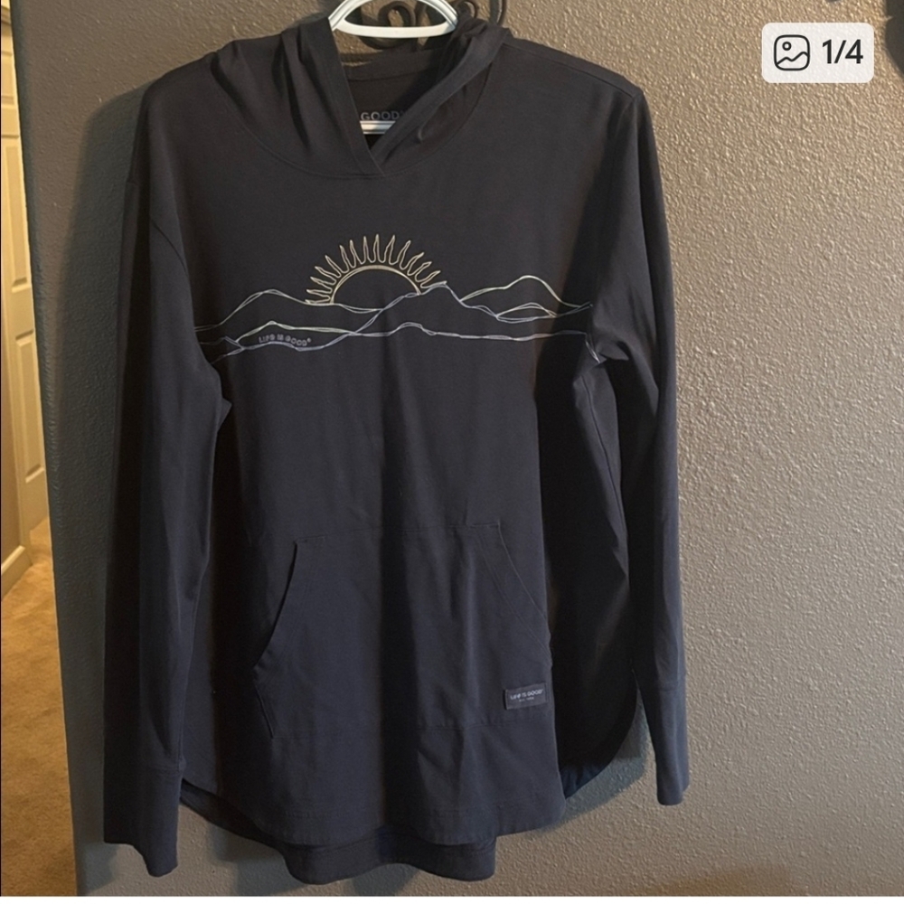 Life Is Good Women's Navy Blue Hooded Sweatshirt with Sunrise Graphic